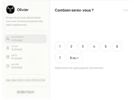 Premi&egrave;re &eacute;tape de la r&eacute;servation en ligne d'une brasserie : choix du nombre de couverts, avec le r&eacute;capitulatif dans la colonne de gauche